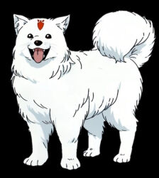 animal_ear_fluff animal_hands bad_source bad_tag black_background dog dog_paws facial_mark fluffy forehead_mark highres leo_(mushoku_tensei) mushoku_tensei open_mouth solo solo_focus tail teeth tongue tongue_out whiskers white_fur