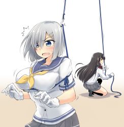 10s 2girls asymmetrical_legwear bad_id bad_pixiv_id black_hair blue_eyes bob_cut breasts dungeon_ni_deai_wo_motomeru_no_wa_machigatteiru_darou_ka gloves hair_ornament hair_over_one_eye hair_ribbon hairclip hamakaze_(kancolle) hook isokaze_(kancolle) kantai_collection kodera_ju large_breasts long_hair mismatched_legwear multiple_girls pleated_skirt red_eyes rei_no_himo ribbon rope school_uniform serafuku short_hair silver_hair skirt thighhighs tress_ribbon white_gloves