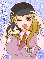 Rule 34 | 1boy, 1girl, ^ ^, akamatsu kaede, argyle background, baseball cap, black hat, black jacket, blonde hair, blue background, breasts, buttons, chibi, chibi on shoulder, closed eyes, collared shirt, commentary request, danganronpa (series), danganronpa v3: killing harmony, eyelashes, floral background, fortissimo, hair ornament, hand on another&#039;s head, hand on headwear, hand on own cheek, hand on own face, hat, headwear switch, jacket, large breasts, layered sleeves, light blush, long hair, long sleeves, musical note, musical note hair ornament, necktie, one eye closed, open mouth, orange necktie, outline, pink shirt, pink vest, pinstripe jacket, pinstripe pattern, purple eyes, saihara shuichi, shirt, simple background, smile, star (symbol), star print, teeth, translation request, upper body, upper teeth only, v-neck, vest, white outline, yumaru (marumarumaru)