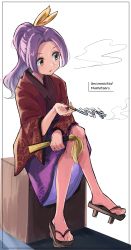 1girl 5alive bad_feet folded_fan commentary_request copyright_name folding_fan full_body geta hand_fan highres holding holding_fan holding_smoking_pipe japanese_clothes kimono kiseru komakusa_sannyo crossed_legs long_hair looking_to_the_side smoking_pipe ponytail purple_hair red_eyes red_kimono simple_background sitting smoke solo touhou unconnected_marketeers white_background