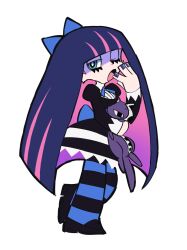 Rule 34 | 1girl, black dress, black pantyhose, blue bow, blue eyes, blue pantyhose, blunt bangs, bow, colored inner hair, commentary request, dress, from side, half-closed eye, hand up, highres, holding, holding stuffed toy, long hair, long sleeves, looking at viewer, looking to the side, medium dress, multicolored hair, one eye closed, ozako, panty &amp; stocking with garterbelt, pantyhose, pink hair, purple hair, purple nails, solo, standing, standing on one leg, stocking (psg), streaked hair, stuffed toy, thick outlines, two-tone hair, two-tone pantyhose, walking, yawning