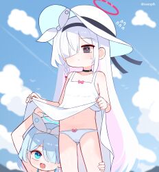 2girls :d arona_(blue_archive) black_eyes blue_archive blue_eyes blue_hair blue_sky braid cloud day dress fang hair_over_one_eye hat highres loli long_hair multicolored_hair multiple_girls navel open_mouth outdoors panties pink_hair plana_(blue_archive) red_pupils single_braid sky smile sseopik standing twitter_username two-tone_hair underwear very_long_hair white_dress white_hair white_hat white_panties