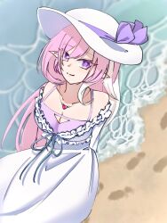 1girl beach breasts cleavage commentary_request diamond-shaped_pupils diamond_(shape) dress elf elysia_(herrscher_of_human:_ego)_(honkai_impact) elysia_(honkai_impact) elysia_(summer_2025)_(honkai_impact) hat heart heart_necklace honkai_(series) honkai_impact_3rd jewelry large_breasts long_hair looking_at_viewer multicolored_hair necklace ocean official_alternate_costume ottotto_1564 pink_hair pointy_ears purple_eyes sand smile solo sun_hat sundress symbol-shaped_pupils two-tone_hair very_long_hair white_dress white_hair white_hat