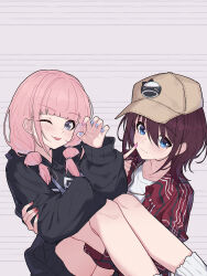 2girls baseball_cap black_hoodie blue_eyes blue_nails brown_hair brown_hat carrying cheek_poking chinese_commentary claw_pose closed_mouth commentary_request girls_band_cry grey_eyes hair_down hat highres hina_(girls_band_cry) hood hood_down hoodie iseri_nina jacket long_hair long_sleeves low_twintails multiple_girls nail_polish one_eye_closed pink_hair pink_nails poking ponytail princess_carry red_jacket red_nails shirt tongue tongue_out twintails white_shirt yun_cao_bing
