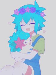 1boy blue_overalls blush closed_eyes gen_4_pokemon green_hair green_shirt grey_background head_wreath heart highres legendary_pokemon mythical_pokemon nintendo open_mouth overall_shorts overalls pokemon pokemon_(creature) saji_neko shaymin shaymin_(land) shirt short_hair short_sleeves simple_background smile solo t-shirt