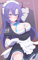 1girl absurdres alternate_costume alternate_hairstyle apron asuna_(blue_archive) asuna_(blue_archive)_(cosplay) black_dress black_halo black_jacket blue_archive blue_bow blue_bowtie blush bow bowtie breasts clothes_hanger clothes_lift collar commentary_request cosplay dress dress_lift fortysansan frilled_hairband frills gloves hairband halo heart highres jacket large_breasts long_hair looking_at_viewer maid maid_apron maid_headdress mechanical_halo open_mouth purple_eyes purple_hair solo unworn_jacket white_apron white_background white_collar white_gloves yuuka_(blue_archive)