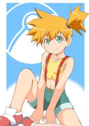1girl asymmetrical_hair blush breasts denim denim_shorts female_focus green_eyes green_shorts hair_tie highres legs misty_(pokemon) navel nintendo pokemon pokemon_(anime) pokemon_(classic_anime) ponytail shirt short_hair short_shorts shorts side_ponytail sitting small_breasts solo suspender_shorts suspenders tank_top yellow_shirt yoshimi_mizunoe