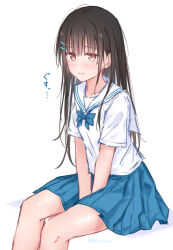1girl black_hair blue_bow blue_bowtie blue_skirt blush bow bowtie breasts brown_eyes closed_mouth hair_ornament hairclip highres kutatsu_(kutatsu7) long_hair looking_at_viewer mole mole_under_eye original pleated_skirt sailor_collar school_uniform shirt short_sleeves simple_background skirt small_breasts solo white_background white_sailor_collar yuki_(kutatsu)