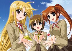 Rule 34 | 3girls, bardiche (nanoha), blazer, blonde hair, blue eyes, brown hair, brown jacket, brown skirt, commentary, fate testarossa, hair ornament, higa yukari, highres, jacket, long hair, long sleeves, looking at viewer, lyrical nanoha, mahou shoujo lyrical nanoha, mahou shoujo lyrical nanoha a&#039;s, multiple girls, neck ribbon, open mouth, outdoors, pleated skirt, raising heart, red eyes, red ribbon, ribbon, school uniform, schwertkreuz, schwertkreuz (standby form), seishou middle school uniform, short hair, side ponytail, skirt, sky, smile, takamachi nanoha, upper body, very long hair, watermark, winter uniform, x hair ornament, yagami hayate