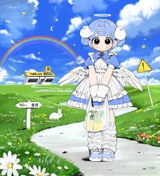 1girl absurdres angel angel_wings apron bag black_eyes blue_eyes blue_hair cloud cloudy_sky crescent_moon cross-laced_apron direction dress flower hair_ornament halo heart heart_hair_ornament highres holding holding_bag looking_at_viewer microsoft_windows moon nichijou_kamoshirenai original path plastic_bag rabbit rabbit_hair_ornament rainbow road road_sign sign signpost sky solo sora_(wolrero) star_(symbol) warning_sign white_halo wings wolrero