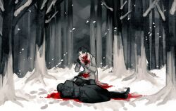 1boy 1other bare_tree black_coat black_gloves black_hair blood blood_on_clothes blood_on_face coat footprints forest full_body gloves implied_cannibalism implied_death implied_murder looking_at_viewer lying male_focus nature on_side original outstretched_hand pool_of_blood scarf seiza short_hair sitting snowing tree white_eyes white_scarf winter winter_clothes winter_coat wuruko