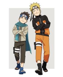 2boys absurdres blonde_hair blue_eyes blue_scarf brown_eyes brown_hair brown_pants closed_mouth crossed_arms facial_mark facing_viewer forehead_protector full_body highres jacket konohagakure_symbol long_sleeves looking_at_another male_focus multiple_boys naruto_(series) naruto_shippuuden orange_pants pants pnpk_1013 sarutobi_konohamaru scarf short_hair smile spiked_hair turtleneck turtleneck_jacket uzumaki_naruto whisker_markings