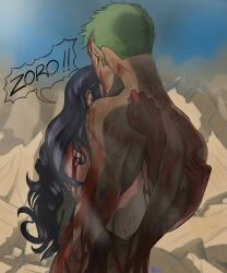 ! 1boy 1girl back black_hair blood blood_on_arm blood_on_back blood_on_body blood_on_face blood_on_hands character_name day earrings green_hair highres hug injury jewelry let_universal long_hair nico_robin one_piece outdoors roronoa_zoro short_hair signature single_earring speech_bubble standing third-party_source topless_male
