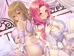 2girls absurdres apron ass bed bed_sheet blush breasts brown_eyes brown_hair canopy_bed cleavage closed_mouth crossed_bangs detached_sleeves emanon123 hair_between_eyes hair_over_shoulder highres indoors large_breasts long_hair looking_at_viewer maid_apron multiple_girls on_bed open_mouth original panties parted_bangs pillow purple_panties purple_sweater purple_thighhighs red_eyes red_hair ribbed_sweater ribbed_thighhighs sidelocks smile sweater thighhighs underwear white_apron