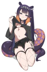 absurdres black_nails blue_eyes blunt_bangs bobby_pin breasts chain choker clothes_lift diamond_hairband ear_piercing emo_fashion fishnets goth_fashion gradient_hair hair_ornament hairpin highres hololive hololive_english holomyth kneeling leg_tattoo mole mole_under_eye multicolored_hair multiple_hairpins navel_piercing nekoromancer ninomae_ina&#039;nis o-ring o-ring_choker orange_hair piercing pointy_ears purple_hair shirt_lift small_breasts tattoo tentacle_hair tentacles virtual_youtuber