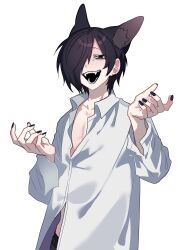 Rule 34 | 1boy, absurdres, animal ears, bags under eyes, black eyes, black hair, black nails, chino (sky tanosi), commentary request, cowboy shot, dog boy, dog ears, fangs, hair over one eye, hands up, highres, looking at viewer, male focus, original, oversized clothes, oversized shirt, partially unbuttoned, sharp teeth, shirt, short hair, simple background, solo, standing, teeth, white background, white shirt