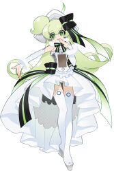 1girl akatsuki_gomoku apple_inc. boots bow detached_sleeves dress finger_to_mouth frilled_skirt frills full_body fur_collar fur_cuffs green_eyes green_hair green_nails headphones high-low_skirt highres long_hair macintosh macne_nana macne_series multicolored_bow nail_polish official_art one_side_up panties pantyshot second-party_source shirt skirt smile strapless strapless_shirt striped_bow tachi-e thigh_boots transparent_background underwear very_long_hair wedge_heels white_boots white_panties white_skirt
