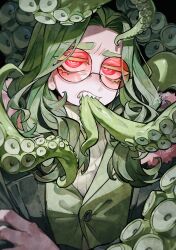 Rule 34 | 1boy, biting, black-framed eyewear, coat, cthulhu, cthulhu mythos, fur-trimmed hood, fur trim, glasses, green coat, green hair, grey sweater, highres, hood, koroguchi, long hair, looking at viewer, red-tinted eyewear, red eyes, ribbed sweater, round eyewear, sharp teeth, signature, solo, sweater, teeth, tentacles, tinted eyewear, upper body