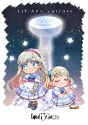 2girls anniversary apron blue_dress blue_eyes blue_shoes blush brown_shoes chibi chibi_only closed_eyes closed_mouth commentary_request dress frilled_apron frills full_body gradient_hair grey_hair hairband hayasaka highres long_hair looking_at_viewer multicolored_hair multiple_girls original pantyhose plaid_clothes plaid_dress red_hair red_hairband shoes short_sleeves sitting smile standing star_(symbol) two-tone_hair white_apron white_pantyhose