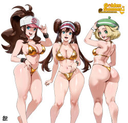 3girls :d absurdres arm_up ass baseball_cap bianca_(pokemon) bikini blonde_hair blue_eyes breasts brown_hair cleavage curvy donut_hair_bun double_bun gold_bikini green_eyes green_hat hair_bun hand_on_headwear hat high_ponytail highres hilda_(pokemon) kyoffie large_breasts medium_breasts multiple_girls navel nintendo open_mouth pokemon pokemon_bw pokemon_bw2 ponytail rosa_(pokemon) simple_background smile stomach strap_gap swimsuit thighs twintails visor_cap watch white_background wristband wristwatch