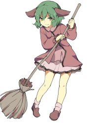 &gt;:) 1girl animal_ears bad_id bad_twitter_id blouse broom brown_shoes coat female_focus full_body green_eyes green_hair hair_between_eyes hasebe_yuusaku kasodani_kyouko long_sleeves looking_at_viewer pink_coat pink_legwear pink_shirt shirt shoes short_hair simple_background skirt smirk solo sweeping touhou v-shaped_eyebrows white_background white_skirt