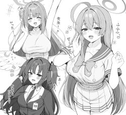 3girls :d ^_^ absurdres ahoge arm_up armpits bare_shoulders blazer blue_archive blush bow bowtie braid breasts buttons closed_eyes collarbone collared_shirt commentary cowboy_shot double-breasted dress dress_shirt gloves greyscale hair_bun hair_intakes half-closed_eyes halo hanako_(blue_archive) highres huge_ahoge jacket large_breasts long_hair low_wings medium_breasts mika_(blue_archive) miniskirt monochrome multiple_girls necktie open_mouth pleated_skirt sailor_collar school_uniform seductive_smile serafuku shirt short_sleeves side_braid single_braid single_side_bun skirt sleeveless sleeveless_dress smile suzutarou_gunsou two_side_up very_long_hair wings yuuka_(blue_archive)