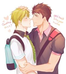 2boys backpack bag black_shirt blush brown_hair closed_eyes closed_mouth collared_shirt couple english_text free! green_hair green_necktie grey_background hand_on_another&#039;s_arm hand_on_another&#039;s_head heart light_smile looking_at_another male_focus multiple_boys namekaho necktie polka_dot_necktie puckered_lips shirt short_hair short_sleeves simple_background tachibana_makoto two-tone_necktie two-tone_shirt upper_body white_shirt yamazaki_sousuke yaoi