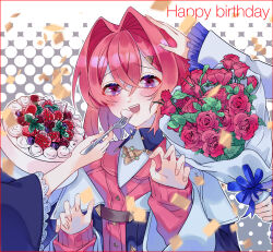 3girls :d ange_katrina ange_katrina_(1st_costume) black_coat blue_ribbon blueberry blush bouquet cake cardigan chilcy35 coat commentary_request confetti crossed_bangs english_text feeding flower food fork fruit grey_background hair_between_eyes hair_intakes hair_ornament halftone hands_up happy_birthday headpat highres holding holding_bouquet holding_cake holding_food holding_fork icing inui_toko inui_toko_(1st_costume) lips lize_helesta lize_helesta_(1st_costume) long_bangs looking_at_viewer medium_hair multiple_girls nijisanji off_shoulder open_mouth out_of_frame pink_cardigan purple_eyes raspberry red_flower red_hair red_rose ribbon rose sanbaka_(nijisanji) sleeves_past_wrists smile strawberry teeth triangle_hair_ornament upper_teeth_only virtual_youtuber white_background