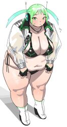 1girl alien belly bikini black_bikini black_gloves blush boots breasts cleavage fat fat_woman fingerless_gloves gloves green_eyes green_hair hair_ornament headphones high_heel_boots high_heels highres jacket jewelry large_breasts medium_hair navel necklace open_clothes open_jacket original shoes side-tie_bikini_bottom slouching solo standing star_(symbol) star_necklace sweat swimsuit thick_thighs thighs twintails utoka white_background white_boots white_jacket white_shoes