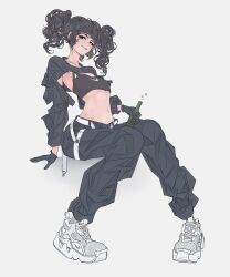 1girl black_gloves black_hair black_jacket black_pants black_sports_bra bottle breasts cropped_jacket elliemaplefox facial_tattoo full_body gloves grey_eyes highres holding holding_bottle invisible_chair jacket long_hair long_sleeves looking_at_viewer midriff navel original pants parted_lips pinky_out shoes simple_background sitting small_breasts smile sneakers solo sports_bra tattoo twintails white_background white_shoes