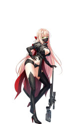 1girl black_boots black_gloves black_shirt black_shorts black_thighhighs blonde_hair boots braid breasts cape cleavage closers crop_top full_body gloves green_eyes gun hand_on_own_hip high_collar high_heel_boots high_heels highres large_breasts long_hair long_sleeves looking_at_viewer mask micro_shorts midriff mouth_mask navel official_art pelvic_curtain plunging_neckline rifle shirt shorts simple_background sniper_rifle solo soma_(closers) standing standing_on_one_leg stomach thigh_boots thighhighs thighs very_long_hair weapon white_background