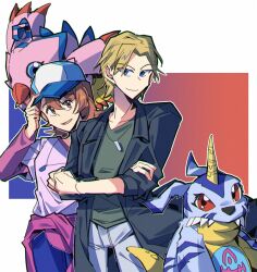 1boy 1girl bird black_coat blonde_hair blue_eyes blue_fur blue_pants brown_eyes brown_hair coat cowboy_shot digibibim digimon digimon_adventure_-beyond- gabumon green_shirt group_picture horns ishida_yamato pants pink_shirt piyomon red_eyes shirt short_hair simple_background single_horn takenouchi_sora white_background