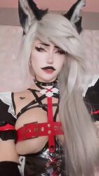 Rule 34 | anal beads, anal tail, animal ears, animated, ass, belt bra, butt plug, choker, collar, cosplay, fake tail, helluva boss, highres, instagram, loona (helluva boss), luceil hime, real life, sex toy, sitting, smile, sound, tagme, tail, tiktok, video, wolf ears, wolf girl, wolf tail