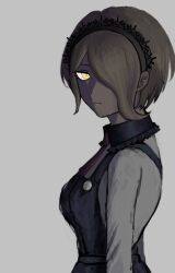 Rule 34 | 1473ex, 1girl, absurdres, blonde hair, breasts, closed mouth, collared shirt, commentary, danganronpa (series), danganronpa v3: killing harmony, dress, expressionless, eyelashes, from side, glowing, glowing eye, grey background, hair over one eye, hairband, highres, lace-trimmed hairband, lace trim, long sleeves, looking at viewer, necktie, shirt, short hair, simple background, solo, tojo kirumi, upper body, white shirt, yellow eyes
