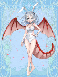 1girl animal_ears barefoot blue_background breasts choker clothing_cutout covered_navel dairoku_ryouhei dragon_tail dragon_wings fake_animal_ears fel_ooyama full_body grey_eyes hand_on_own_hip highres honoka_(pandatype) leotard long_hair looking_at_viewer red_nails side_cutout small_breasts smile standing tail two_side_up white_leotard wings wrist_cuffs
