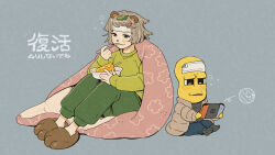 1boy 1girl :3 alternate_costume animal_ears animal_nose aonori_maeba bald black_eyes black_shirt black_socks blue_pants blush bowl cold_pack colored_skin commentary_request down_jacket eating food fruit full_body green_pants green_sweater grey_background grey_hair hair_ornament hairclip half-closed_eyes handheld_game_console highres holding holding_handheld_game_console holding_spoon jacket long_sleeves messy_hair mode_aim nintendo_switch open_clothes open_jacket pants paw_shoes peanuts-kun ponpoko_(vtuber) popsicle raccoon_ears raccoon_girl shirt short_hair sick simple_background sitting snot socks spoon squeans suika_game sweater sweatpants swept_bangs translation_request turtleneck turtleneck_shirt virtual_youtuber watermelon yellow_skin