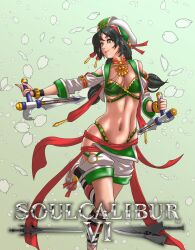 1girl black_hair bladed_tonfa braid breasts brown_eyes foot_out_of_frame hat highres holding jewelry long_hair midriff navel saburo_des smile solo soul_calibur soulcalibur soulcalibur_vi talim tonfa twin_braids twintails weapon