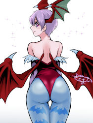 1girl ass capcom darkstalkers detached_sleeves leotard lilith_(darkstalkers) looking_back pantyhose purple_eyes purple_hair short_hair skm_nnm smile wings