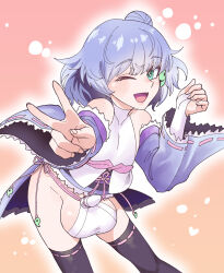 1boy ball_bra bridal_gauntlets geta green_eyes hair_ornament highres huge_testicles japanese_clothes magatama magatama_hair_ornament one_eye_closed open_mouth original partially_visible_testicles pathkebe_h penis penis_sheath pleated_skirt sandals skirt small_penis tamabukuro_yutaka testicle_peek testicles thighhighs trap v wink