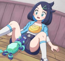 1girl black_hair black_shorts blue_jacket blush colored_inner_hair commentary_request cowlick creatures_(company) eye_contact eyelashes game_freak green_eyes hair_ornament hairclip highres hood hood_down hooded_jacket indoors jacket kneehighs knees liko_(pokemon) looking_at_another looking_down lying_on_crotch medium_hair multicolored_hair nintendo open_mouth pokemon pokemon_(anime) pokemon_(creature) pokemon_horizons shirt shorts socks spread_legs sweatdrop swept_bangs takamame terapagos terapagos_(normal) tongue white_shirt white_socks yellow_bag