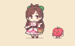 1girl :d ^_^ animated animated_gif apple basket blush bow brown_eyes brown_footwear brown_hair chibi closed_eyes corset dress expressive_hair food fruit green_bow hair_bow holding holding_basket idolmaster idolmaster_cinderella_girls long_hair lowres open_mouth oyuzaki_(ayuzaki) pink_dress pixel_art puffy_sleeves ringorou_(idolmaster) short_sleeves simple_background smile solo swaying tsujino_akari wrist_cuffs yellow_background