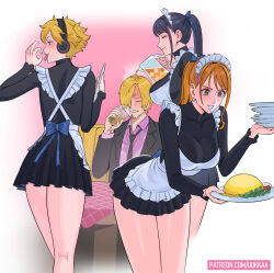 1boy 3girls apron artist_name black_hair black_necktie blonde_hair food formal_clothes highres maid maid_apron multiple_girls nami_(one_piece) necktie nico_robin one_piece orange_hair pink_shirt plate sanji_(one_piece) shirt signature suit tea teapot uukkaa vegapunk_lilith