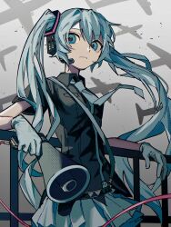 1girl absurdres alternate_costume aqua_eyes aqua_gloves aqua_hair aqua_necktie aqua_skirt black_shirt closed_mouth gloves hatsune_miku highres holding holding_megaphone long_hair looking_at_viewer megaphone necktie pleated_skirt sashimisu shirt skirt solo twintails very_long_hair vocaloid