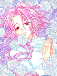 Rule 34 | 1boy, chinese commentary, colored eyelashes, commentary request, eyelashes, flower, hatsutori hajime, huang da cao, jacket, long hair, long sleeves, lying, male focus, on back, painting (medium), parted bangs, pink hair, red eyes, rose, saibou shinkyoku, solo, steepled fingers, traditional media, upper body, very long hair, watercolor (medium), white flower, white jacket, white rose