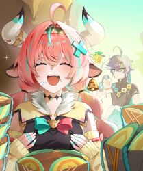 1boy 1girl after_meal ahoge ajaw_(genshin_impact) animal_ears black_hair braid closed_eyes coin_purse commentary cow_ears cow_horns ear_bell empty_wallet food food_on_face gangyeolhage genshin_impact gloves green_eyes green_headband hairband happy headband horns jaw_drop kinich_(genshin_impact) korean_commentary long_hair pink_hair twin_braids varesa_(genshin_impact)