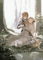1boy 1girl absurdres armor bare_shoulders black_gloves closed_eyes dress fingerless_gloves gloves grass green_eyes hashtag-only_commentary highres jewelry link long_hair necklace nintendo official_alternate_costume outdoors pauldrons plant pointy_ears princess_zelda short_hair shoulder_armor soldier&#039;s_set_(zelda) strapless strapless_dress the_legend_of_zelda the_legend_of_zelda:_breath_of_the_wild tree triforce_print water white_dress yuno_11_02