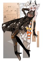 1girl absurdres black_dress bow breasts donuts_miso dress dress_bow drill_hair full_body grey_hair hair_ornament headgear high_heels highres joints karenina:_ember_(pgr) karenina_(pgr) looking_at_viewer mechabare mechanical_arms mechanical_legs orange_bow orange_eyes punishing:_gray_raven robot_joints solo twin_drills underboob