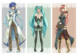 1boy 2girls :d armpits black_boots black_hairband black_skirt black_sleeves black_thighhighs blue_eyes blue_hair blue_necktie blue_scarf blue_shirt blue_skirt boots breasts brown_boots brown_pants closed_eyes coat collared_shirt commentary_request detached_sleeves full_body hair_ornament hairband hatsune_miku headset kaito_(vocaloid) long_hair long_sleeves looking_at_viewer medium_breasts megurine_luka micoto miniskirt multiple_girls necktie number_tattoo open_mouth pants pink_hair pleated_skirt scarf shirt short_hair shoulder_tattoo skirt sleeveless sleeveless_shirt smile standing tattoo thigh_boots thighhighs twintails very_long_hair vocaloid white_coat white_shirt