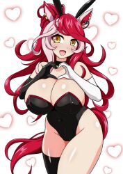 1girl animal_ear_hairband animal_ears asymmetrical_gloves asymmetrical_legwear black_choker black_gloves black_leotard black_thighhighs breasts choker cleavage diamond-shaped_pupils diamond_(shape) elbow_gloves facial_mark fake_animal_ears gloves hairband heart heart_facial_mark heart_hands highres horse_ears horse_girl horse_tail izumi_(izumi_p) large_breasts leotard long_hair looking_at_viewer loves_only_you_(umamusume) mismatched_gloves mole mole_on_neck pink_hair playboy_bunny rabbit_ears red_hair single_thighhigh solo strapless strapless_leotard symbol-shaped_pupils tail thighhighs umamusume white_gloves wrist_cuffs yellow_eyes