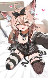 1girl absurdres ahoge animal_ear_fluff animal_ear_piercing animal_ears asymmetrical_legwear bandaid bandaids_on_nipples black_collar black_hairband black_hoodie blush bow_hairband breasts brown_eyes brown_hair collar commission eyebrow_piercing face_piercing fang fen_(vtuber) fishnet_thighhighs fishnets fox_ears fox_girl fox_tail hair_between_eyes hairband heart heart-shaped_lock heart_ahoge heart_o-ring highres hood hood_down hoodie horizontal-striped_thighhighs indie_virtual_youtuber large_ears long_hair looking_at_viewer mismatched_legwear o-ring on_bed outstretched_arm paid_reward_available pasties piercing second-party_source single_thighhigh sitting small_breasts smile socks solo striped_clothes striped_socks striped_thighhighs studded_thigh_strap tail tenchi_mayo thigh_strap thighhighs virtual_youtuber wariza